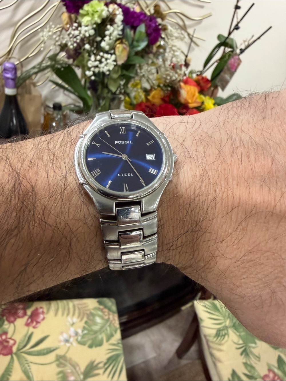 Vintage Fossil Arkitekt Men’s Watch FS-2701 Blue Sunray Dial Date Steel Quartz